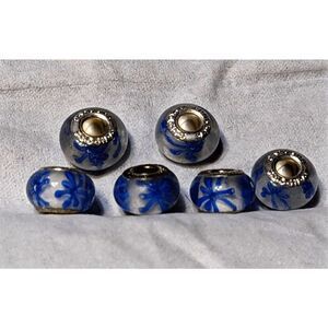 NEW SET OF 6 PANDORA MURANO BEADS TRANSLUCENT WHITE W/BLUE FLOWERS - REALLY CUTE